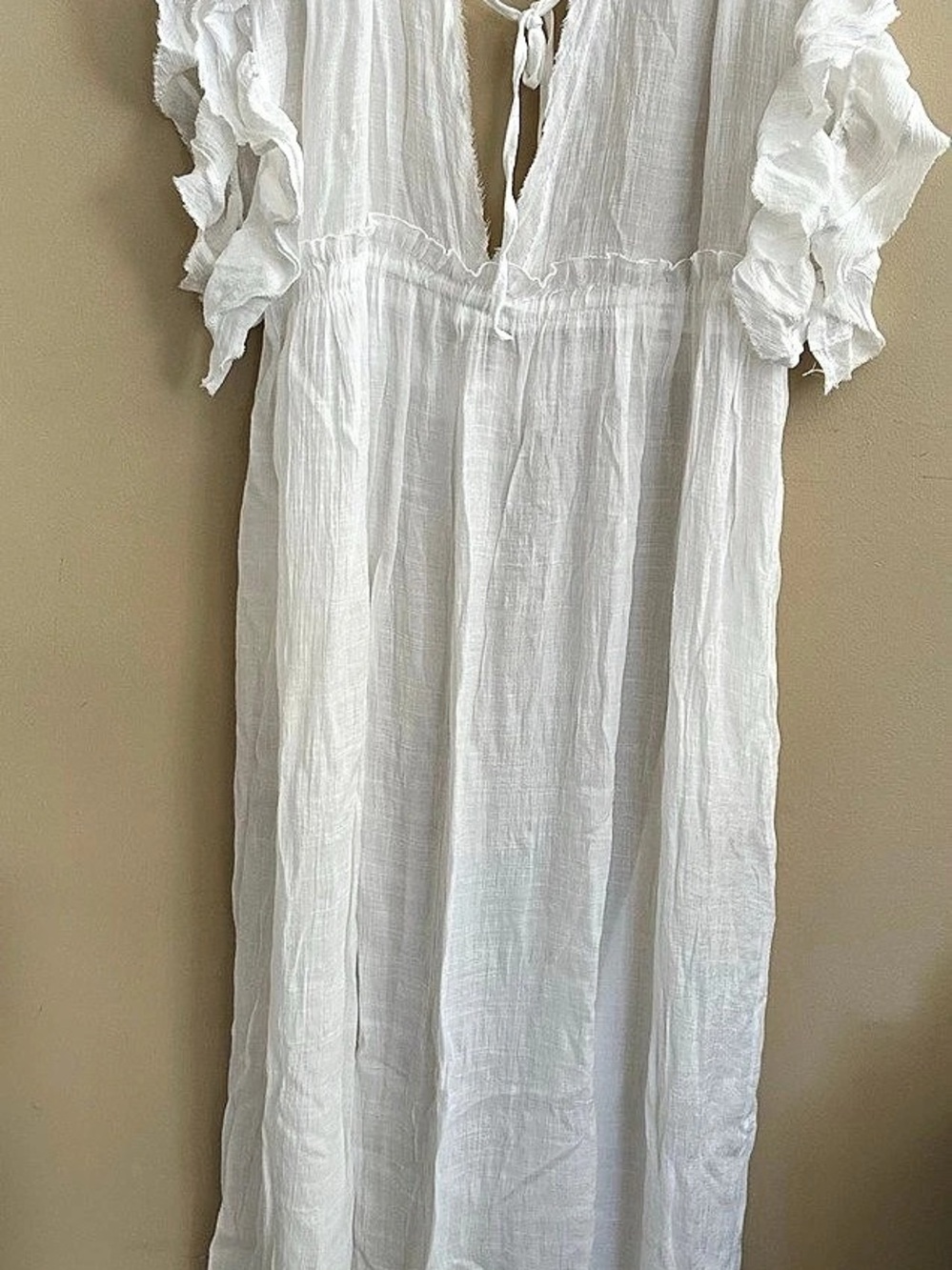 Women's White Ruffle Sleeve Swim coverup/ semi sheer dress